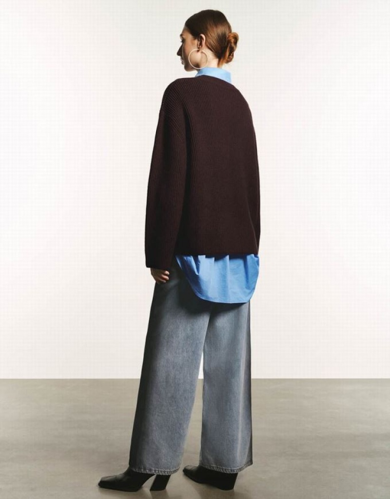 Coffee Urban Revivo Drop Shoulder Sleeve Crew Neck Women's Sweaters | YTSBMP-695