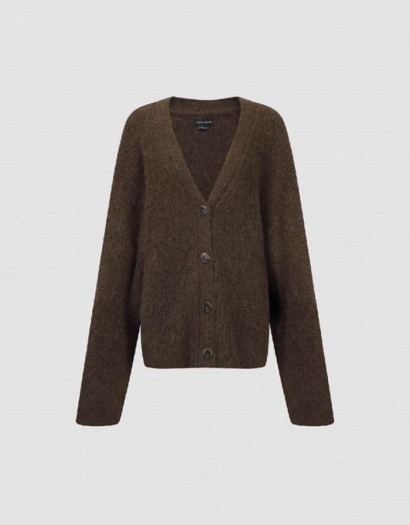 Coffee Urban Revivo Drop Shoulder Sleeve V-Neck Knitted Women's Cardigan | WRNKOA-107