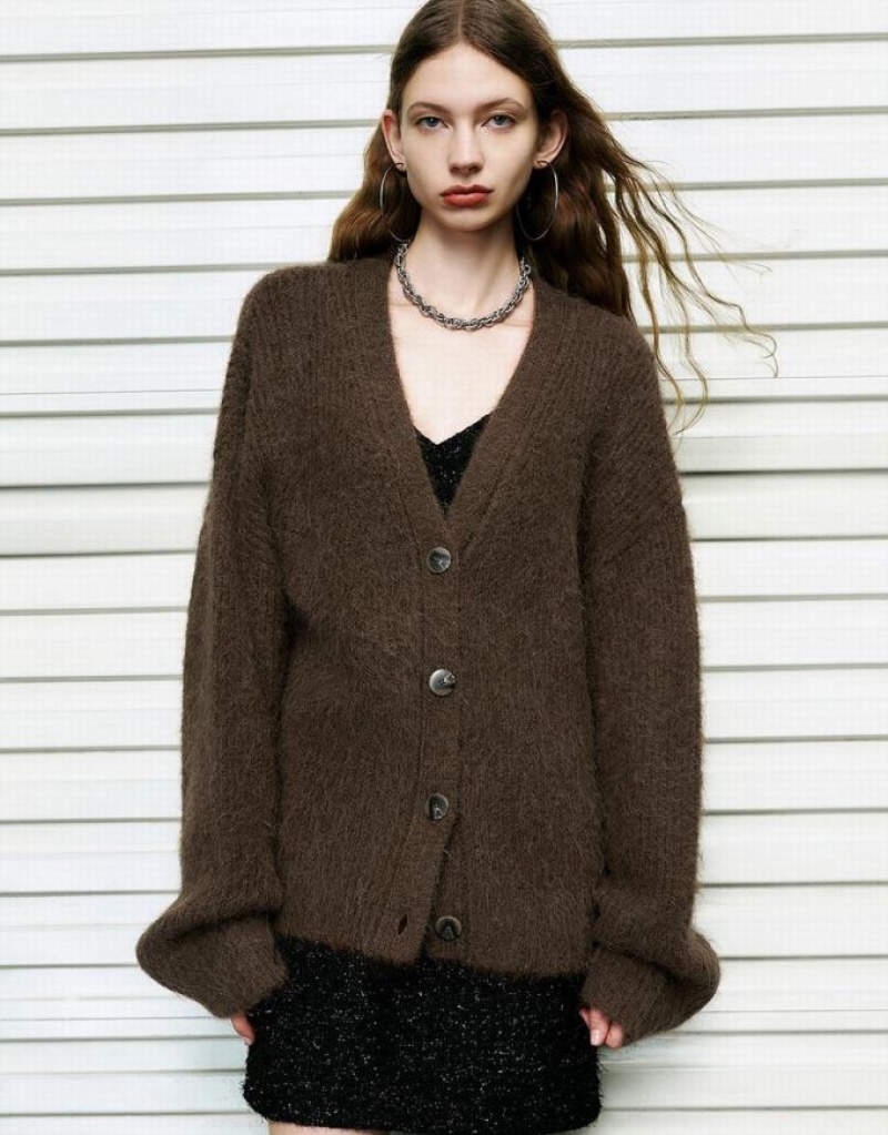 Coffee Urban Revivo Drop Shoulder Sleeve V-Neck Knitted Women\'s Cardigan | WRNKOA-107