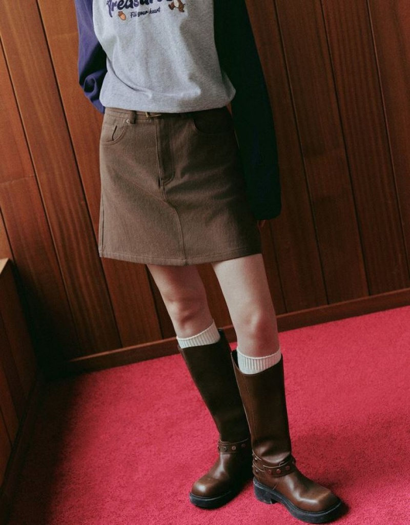 Coffee Urban Revivo Mini A-Line With Belt Women's Denim Skirt | SOIGAC-168