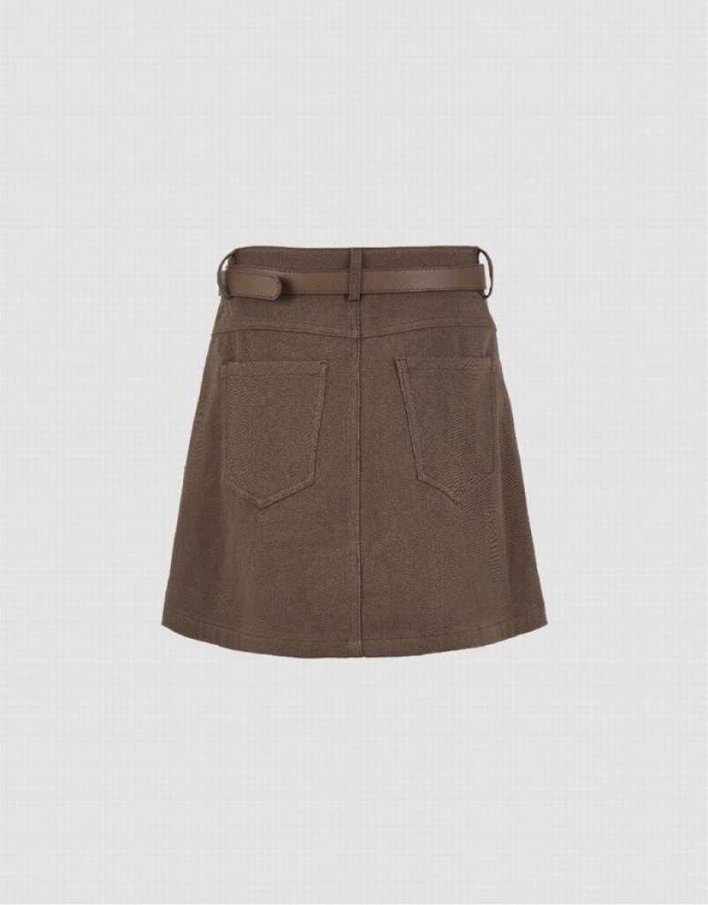 Coffee Urban Revivo Mini A-Line With Belt Women's Denim Skirt | SOIGAC-168