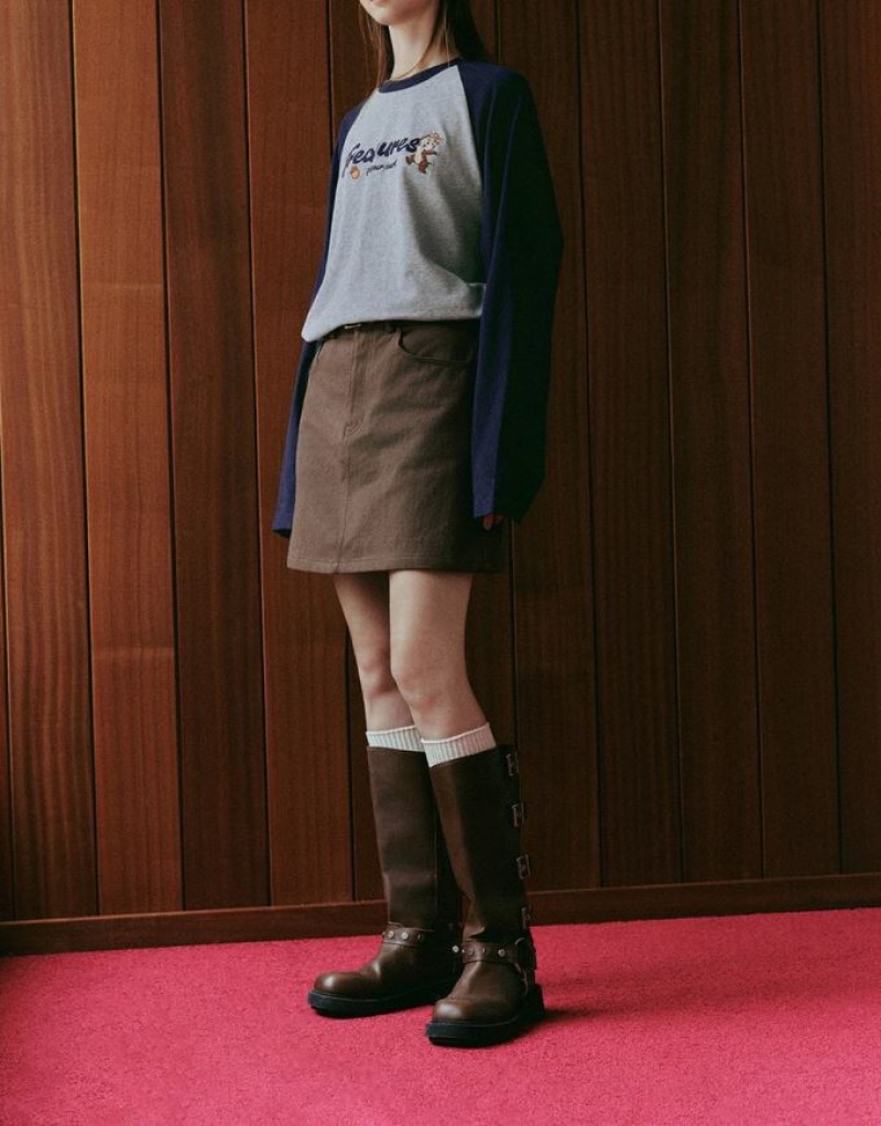 Coffee Urban Revivo Mini A-Line With Belt Women's Denim Skirt | SOIGAC-168