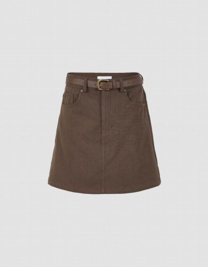 Coffee Urban Revivo Mini A-Line With Belt Women\'s Denim Skirt | SOIGAC-168