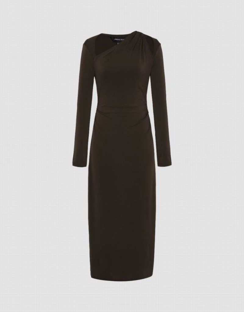Coffee Urban Revivo One Shoulder Straight Skinny Women's Dress | XHSGMQ-890