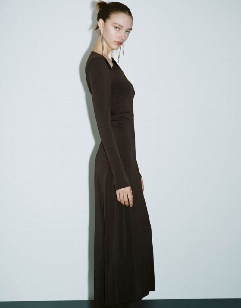 Coffee Urban Revivo One Shoulder Straight Skinny Women's Dress | XHSGMQ-890