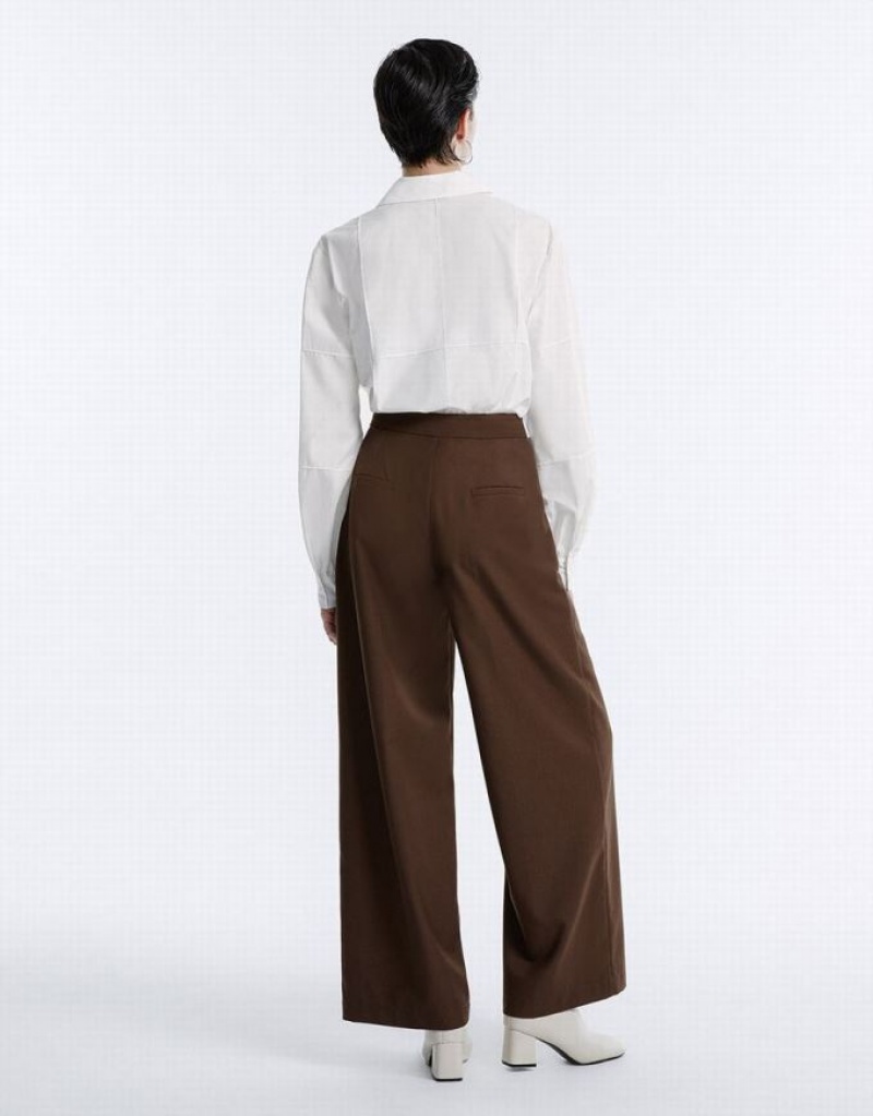 Coffee Urban Revivo Pleated Wide Leg Women's Pants | CEUITL-067