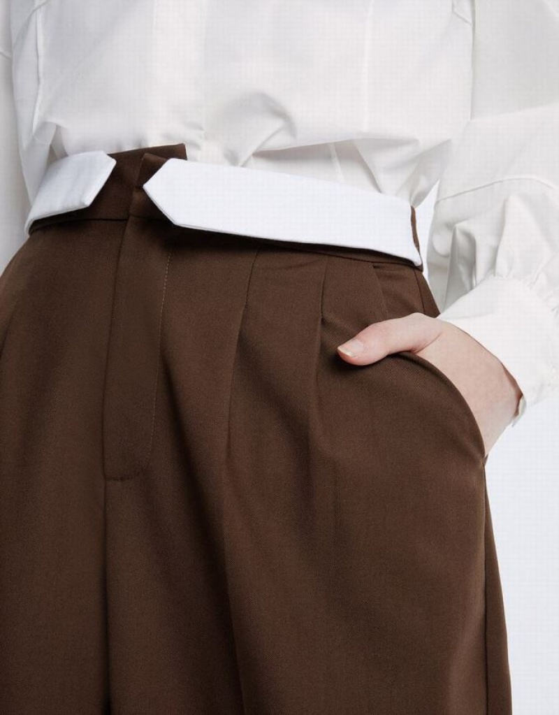Coffee Urban Revivo Pleated Wide Leg Women's Pants | CEUITL-067