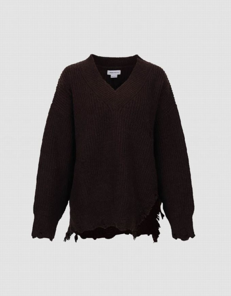 Coffee Urban Revivo Raw Hem V-Neck Knitted Women's Cardigan | RPSEBQ-765