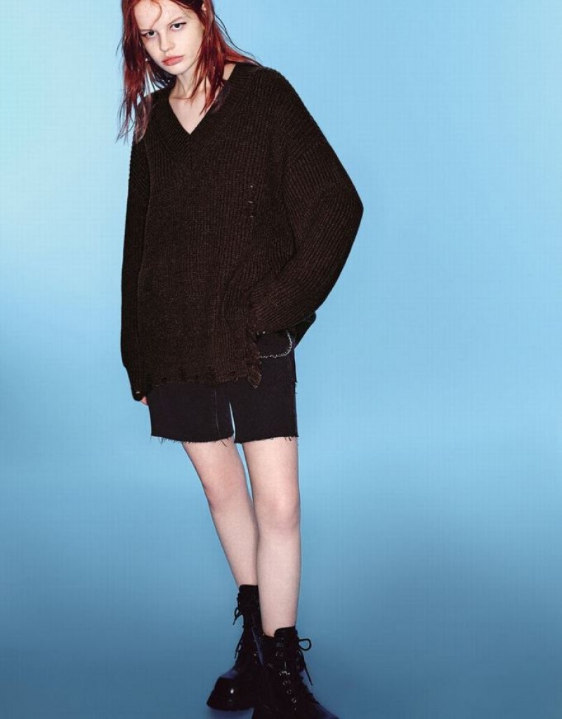 Coffee Urban Revivo Raw Hem V-Neck Knitted Women's Cardigan | RPSEBQ-765
