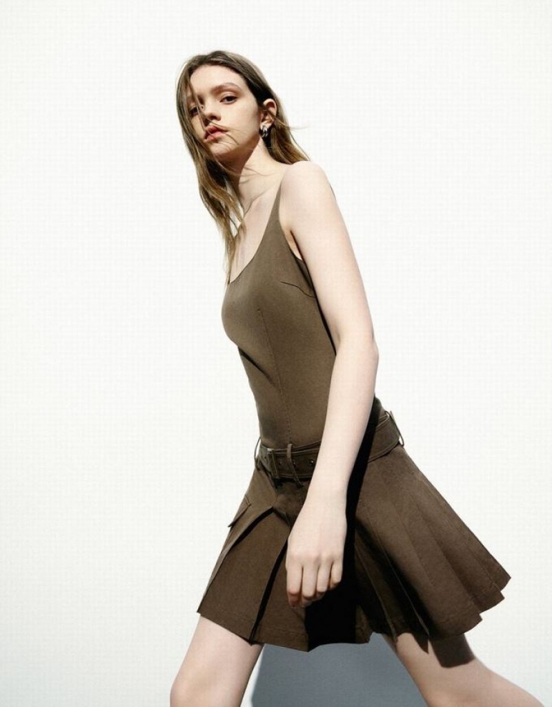 Coffee Urban Revivo Sleeveless U Neck A-Line Women's Dress | ZPMVLR-175
