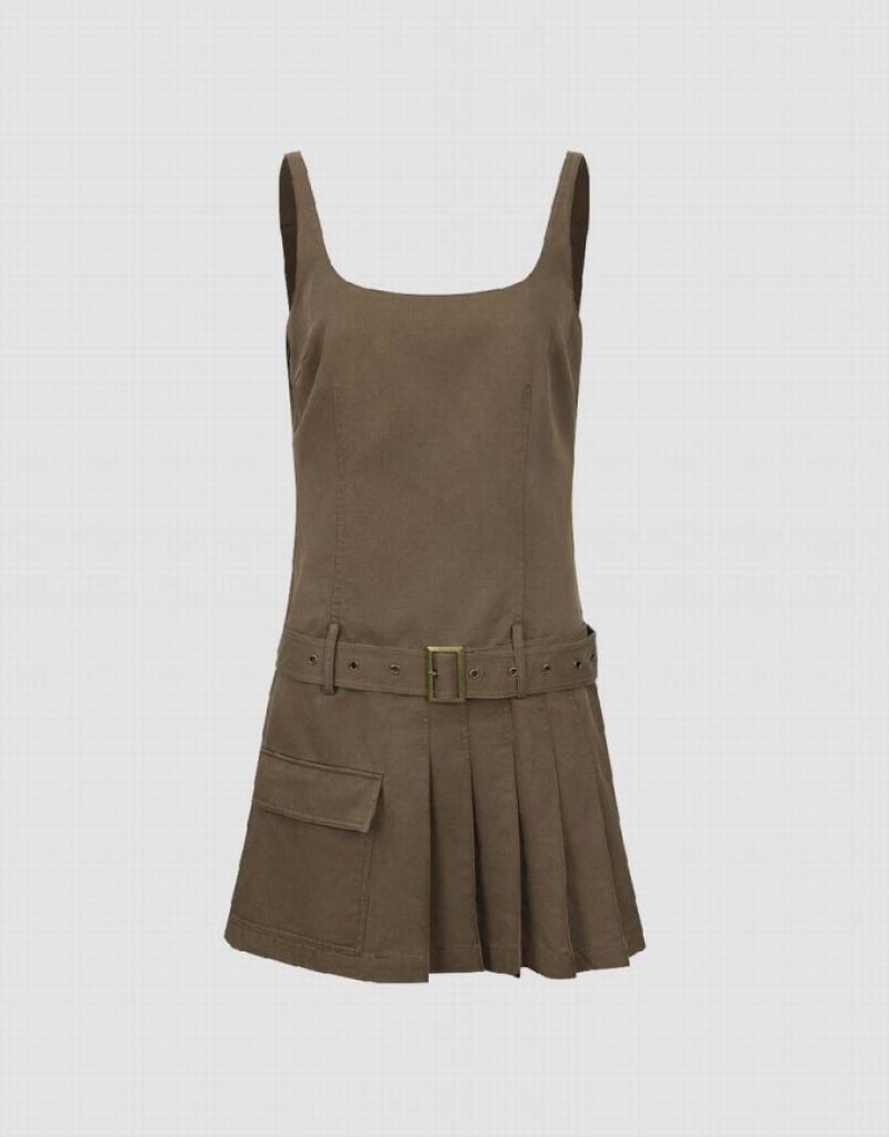 Coffee Urban Revivo Sleeveless U Neck A-Line Women\'s Dress | ZPMVLR-175