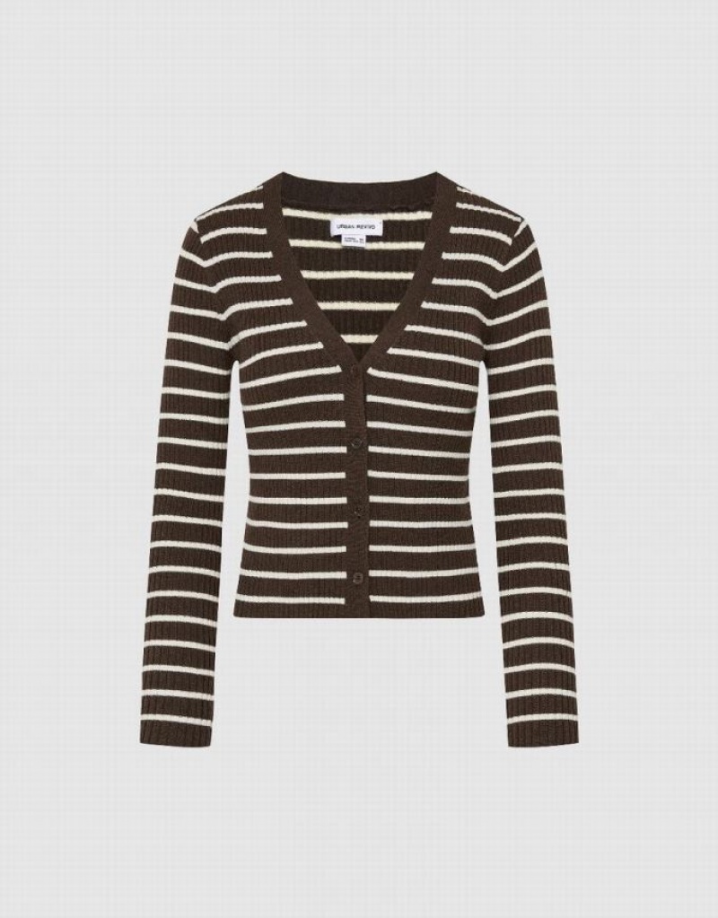Coffee Urban Revivo Striped V-Neck Knitted Women's Cardigan | HWSOAM-763