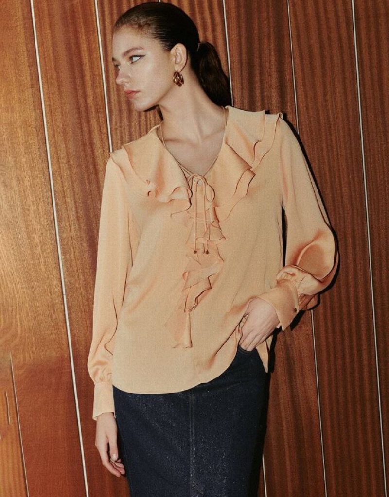 Coral Urban Revivo Ruffle V-Neck Overhead Women\'s Blouse | VJLZYX-287