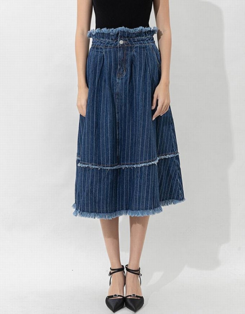 Dark Blue Urban Revivo Striped Raw Hem Midi A-Line Women's Denim Skirt | XMWYBL-829