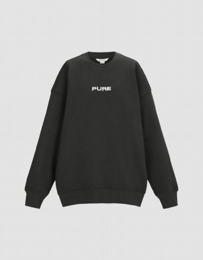 Dark Green Urban Revivo Letter Printed Crew Neck Loose Women's Sweatshirts | YKGFMR-246