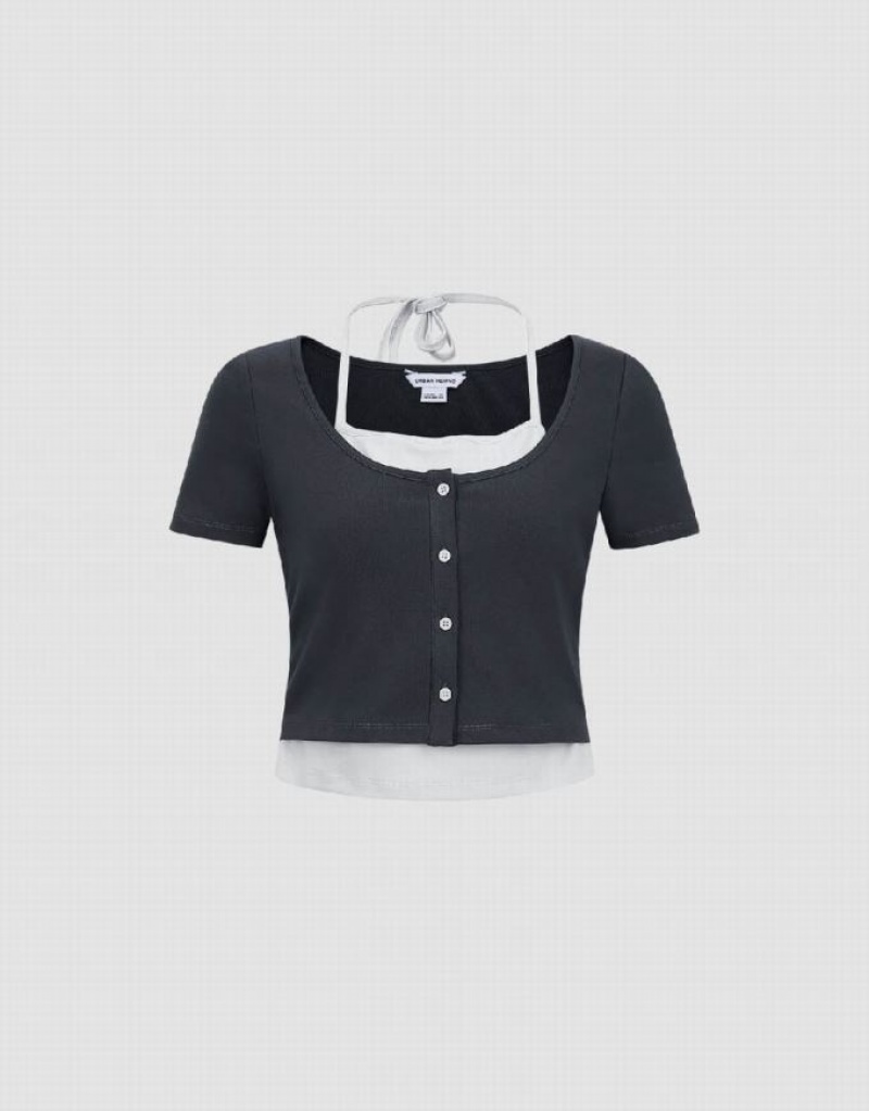 Dark Grey Urban Revivo 2 In 1 Halter Neck Knitted Women\'s T-Shirts | WAYUTN-345