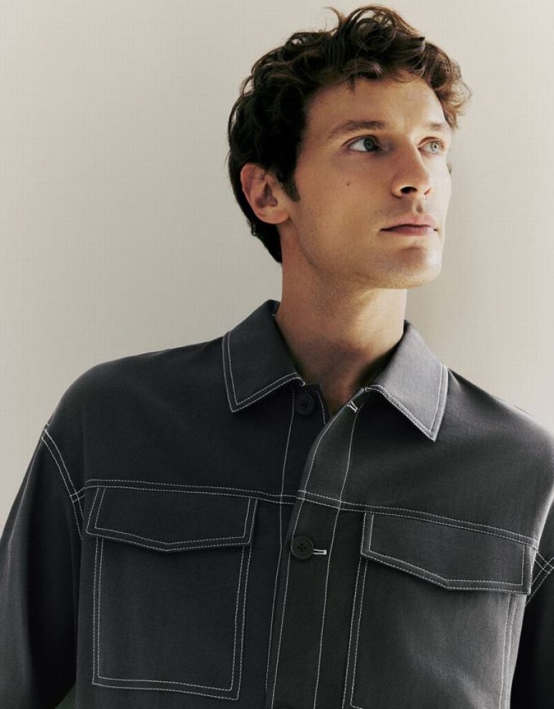 Dark Grey Urban Revivo Button Up Straigt Men's Jacket | TIMZVB-375