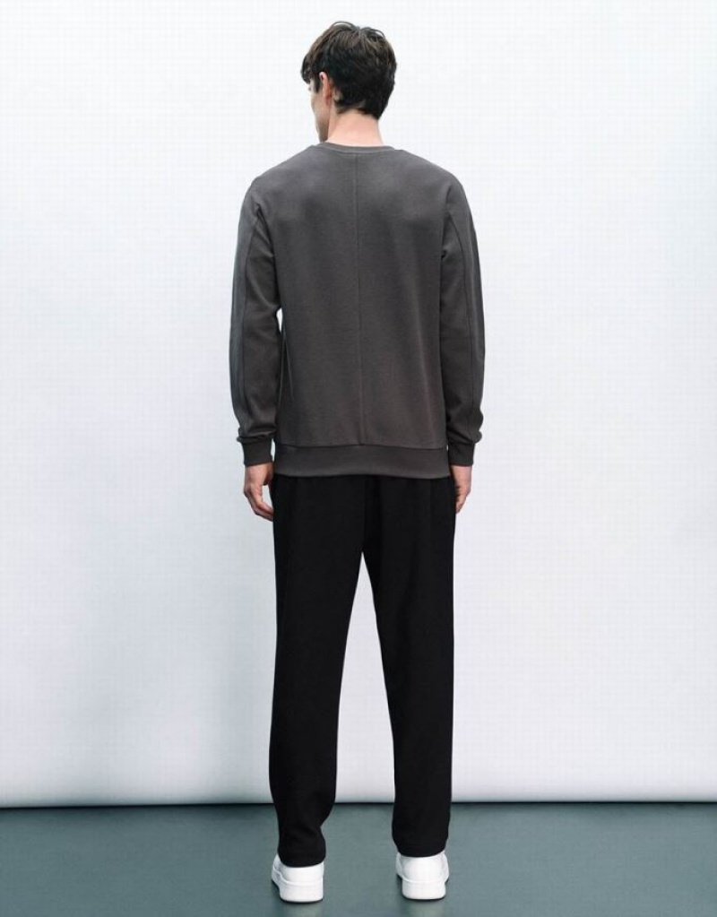 Dark Grey Urban Revivo Crew Neck Straight Men's Sweatshirts | GWSUQY-239