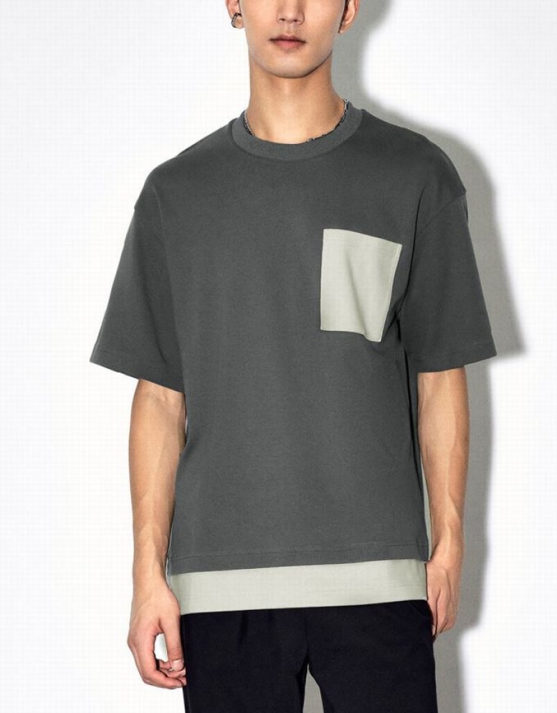 Dark Grey Urban Revivo Crew Neck Straight Knitted Men's T-Shirts | XLDJZQ-042