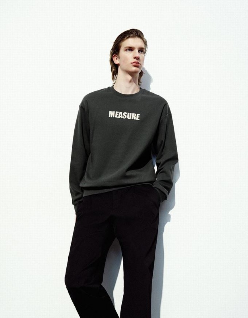 Dark Grey Urban Revivo Letter Embossed Straight Men's Sweatshirts | MQPGBU-165