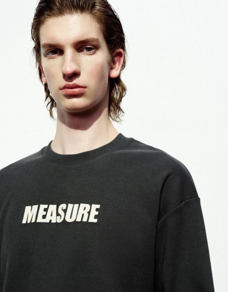 Dark Grey Urban Revivo Letter Embossed Straight Men's Sweatshirts | MQPGBU-165