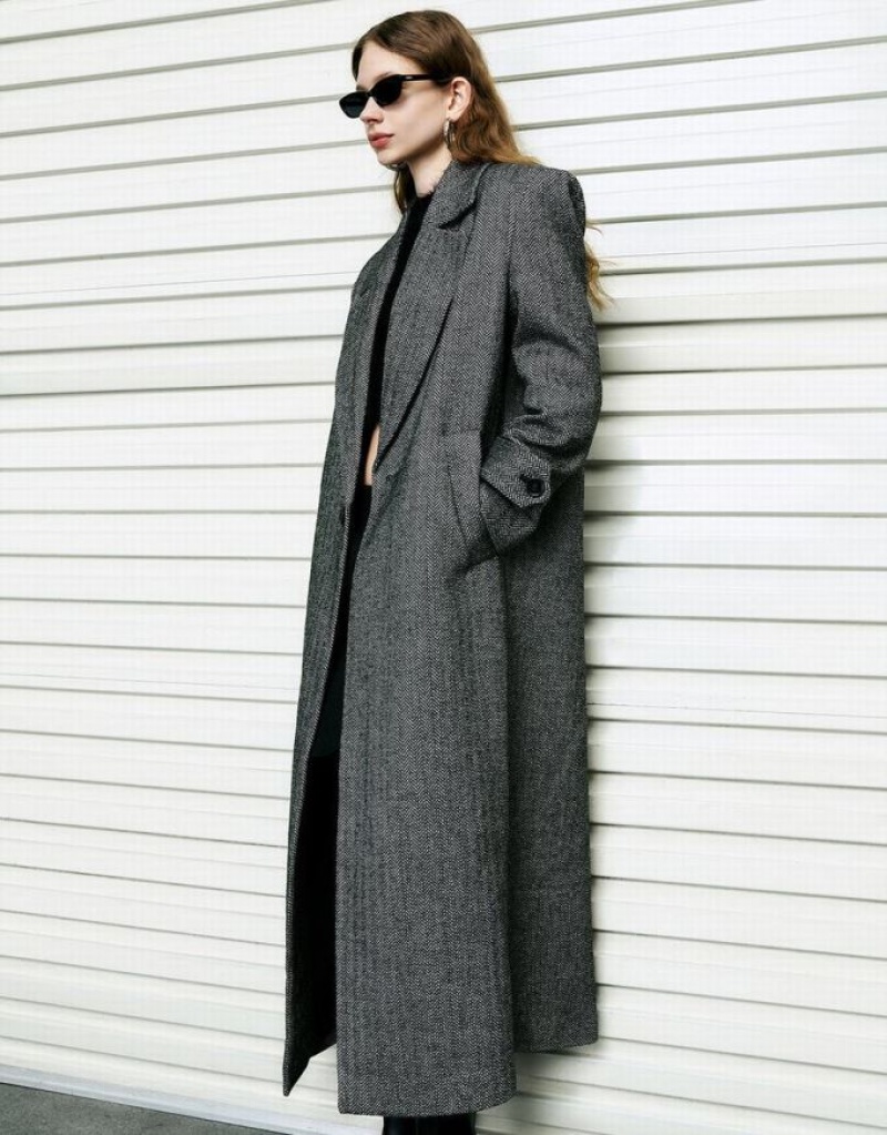 Dark Grey Urban Revivo Notch Lapel Straight Woolen Women's Coats | RHLFJZ-748