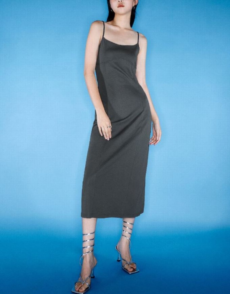 Dark Grey Urban Revivo Off-Shoulder Skinny Cami Women's Dress | MHBJFV-034