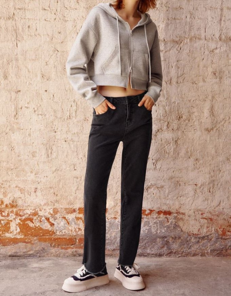 Dark Grey Urban Revivo Raw Hem Straight Women's Jeans | YISVLC-073