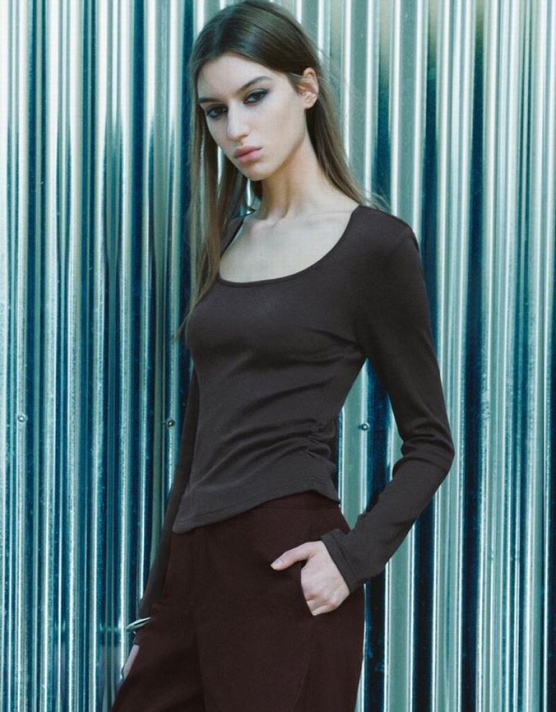 Dark Grey Urban Revivo U Neck Knitted Women\'s T-Shirts | ZBXJAO-863