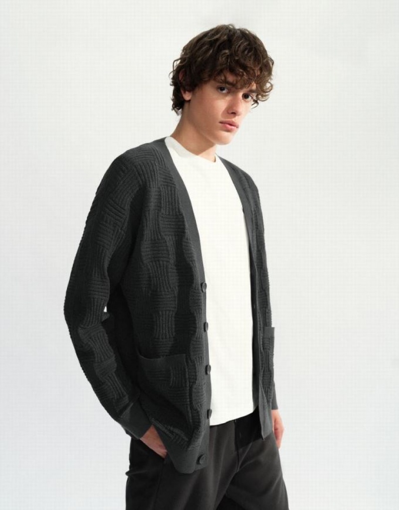 Dark Grey Urban Revivo V-Neck Knitted Men's Cardigan | FPRGAD-327
