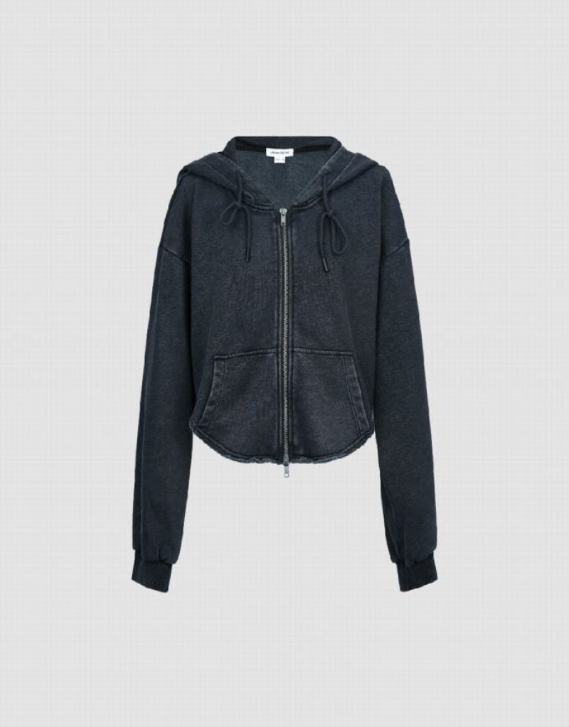 Dark Grey Urban Revivo Zipper Front Women\'s Hooded Jackets | ZXHWBG-685