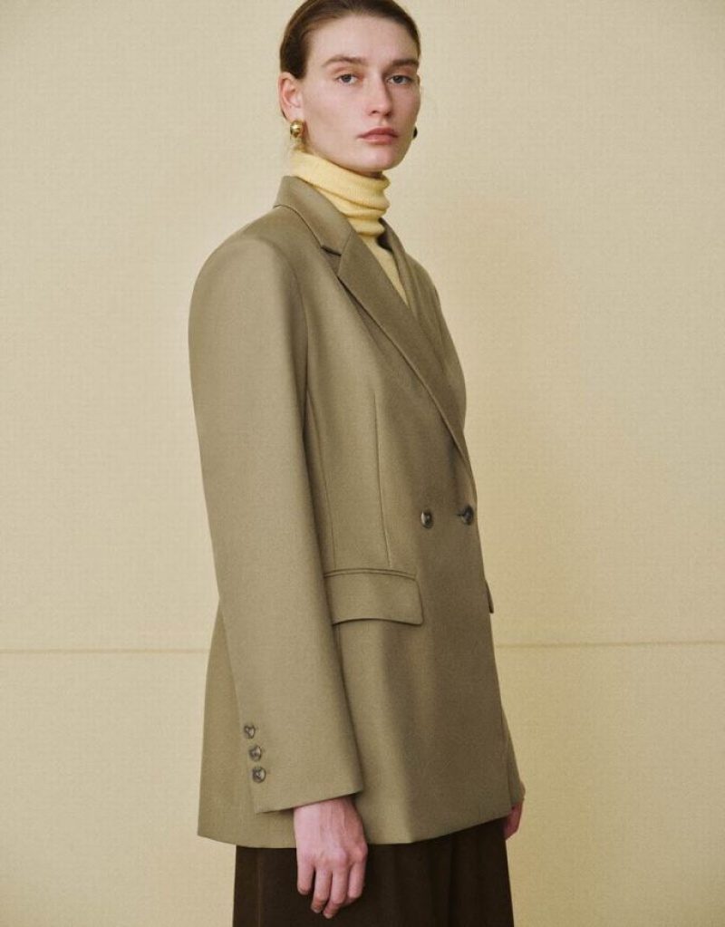 Dark Khaki Urban Revivo Notch Lapel Tailored Women's Blazers | GFLVJY-068