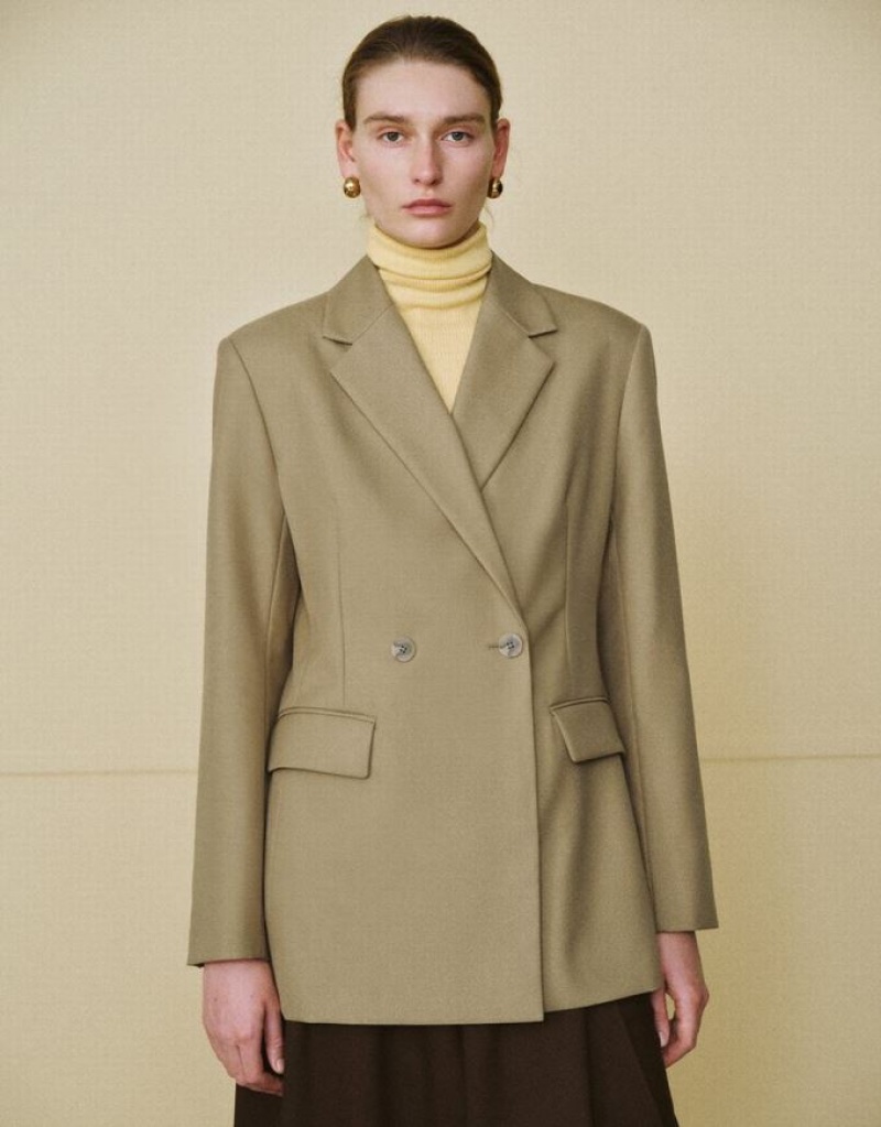 Dark Khaki Urban Revivo Notch Lapel Tailored Women\'s Blazers | GFLVJY-068