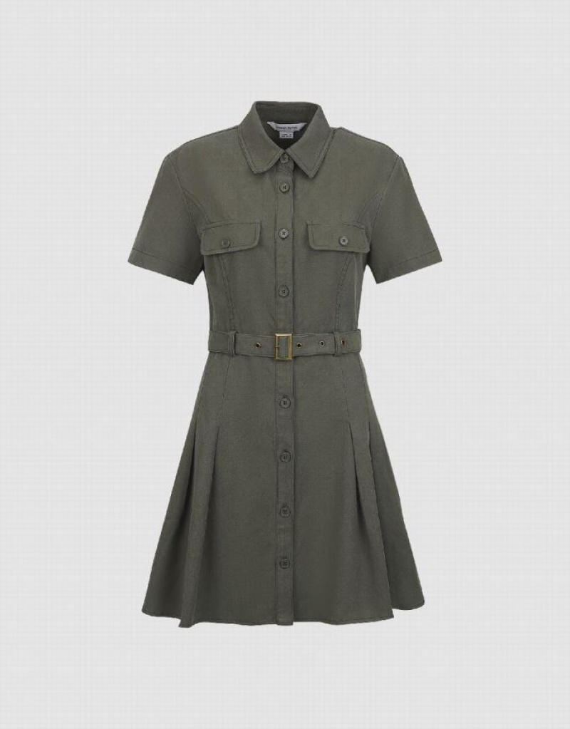 Green Urban Revivo A-Line With Belt Women's Dress | GMQDVP-834