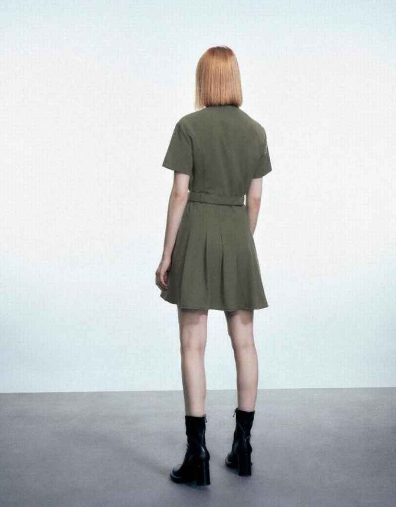 Green Urban Revivo A-Line With Belt Women's Dress | GMQDVP-834