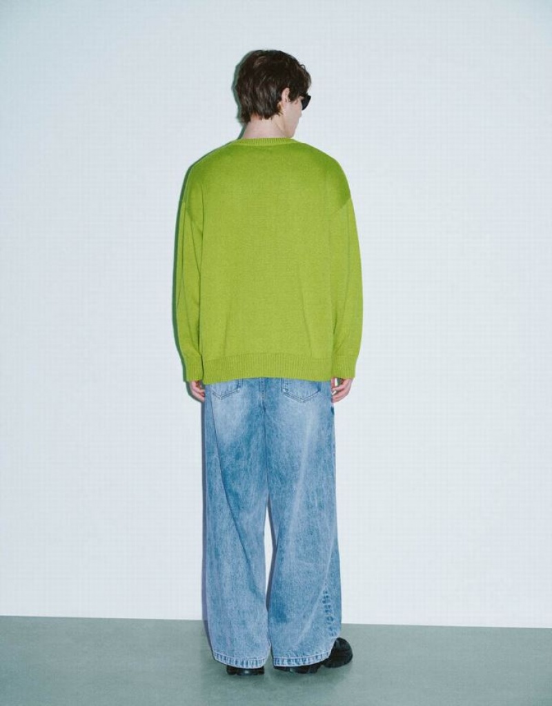 Green Urban Revivo Animal Embroidered Knitted Men's Cardigan | YFJHIP-960