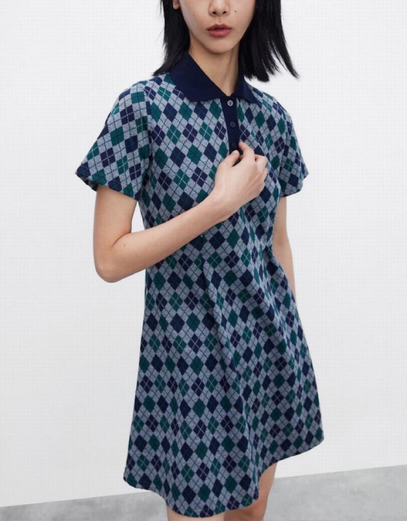 Green Urban Revivo Argyle Printed A-Line Women's Dress | IMGLPF-590