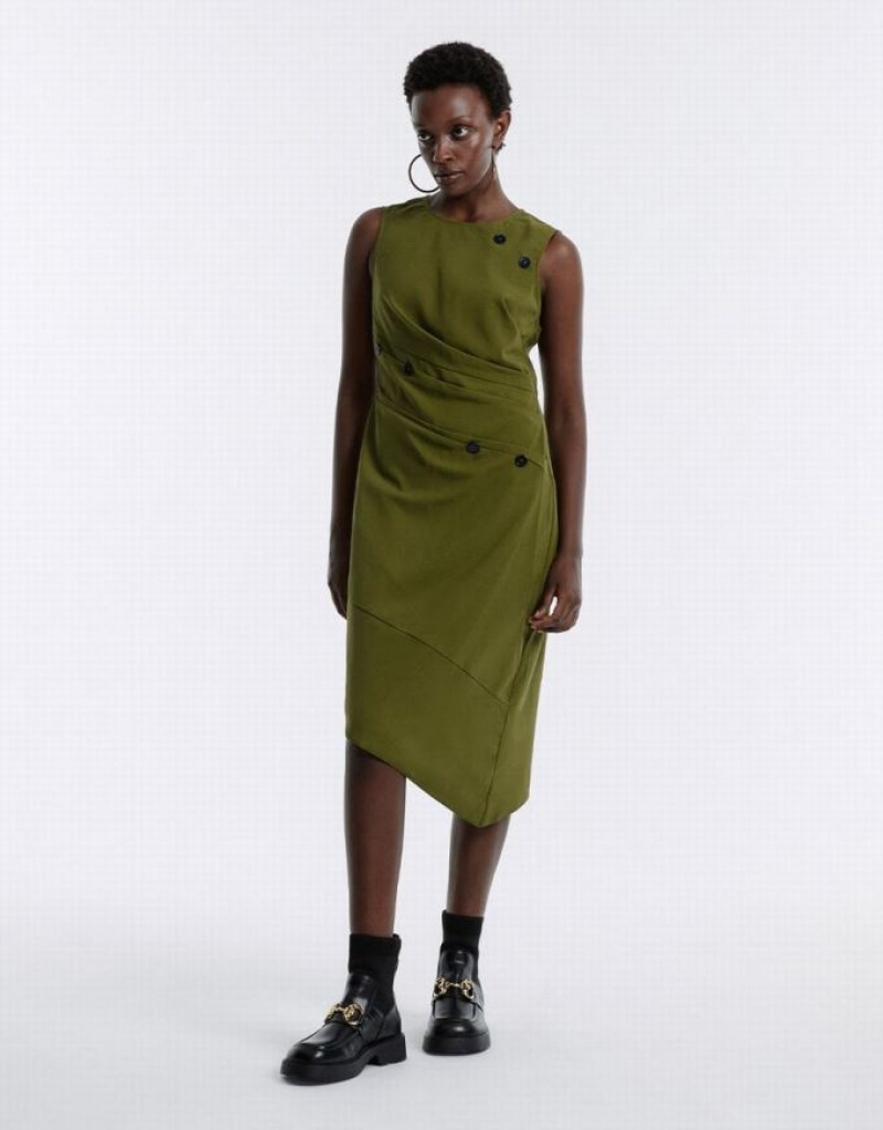 Green Urban Revivo Asymmetrical Buttoned Midi Women's Midi Dress | KQYSHR-548