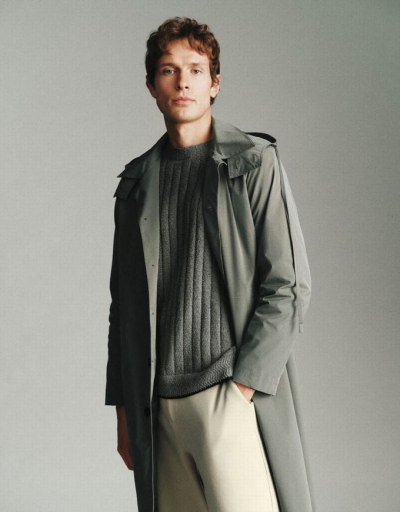 Green Urban Revivo Button Up Hooded Trench Men's Trench Coat | FSTRGD-120