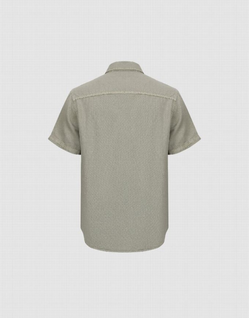 Green Urban Revivo Button Up Loose Denim Men's Shirts | CMBXKG-816