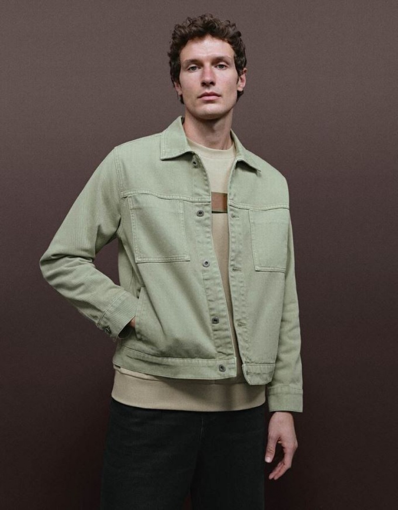 Green Urban Revivo Button Up Men's Denim Jackets | KNTDGB-103