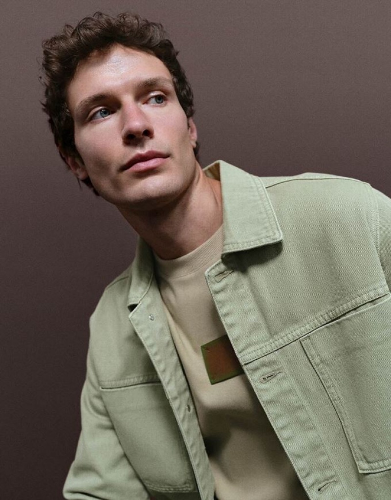 Green Urban Revivo Button Up Men's Denim Jackets | KNTDGB-103