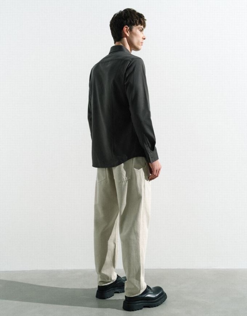 Green Urban Revivo Button Up Straight Men's Shirts | MCVTJU-317