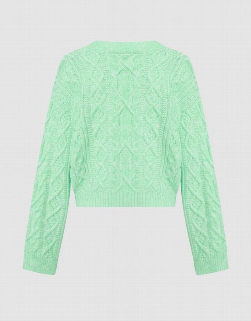 Green Urban Revivo Cable Knit V Neck Button Up Women's Cardigan | YESQKW-417