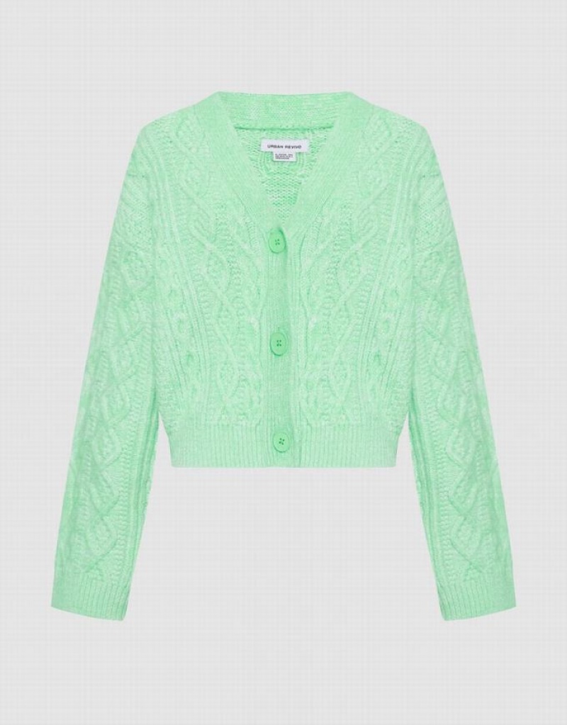 Green Urban Revivo Cable Knit V Neck Button Up Women\'s Cardigan | YESQKW-417