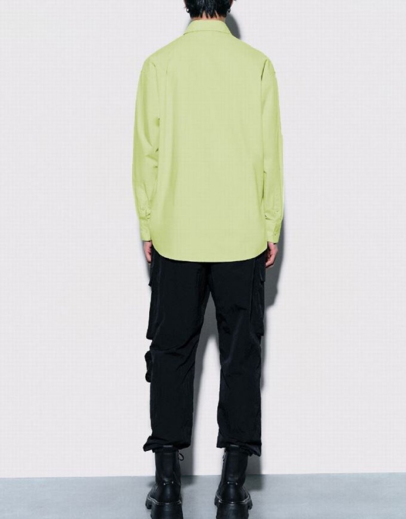 Green Urban Revivo Cartoon Printed Oversized Men's Shirts | MXGENY-069