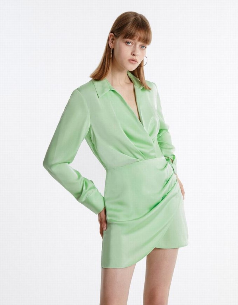 Green Urban Revivo Chiffon Wrap Women's Casual Dress | WHLFJU-025