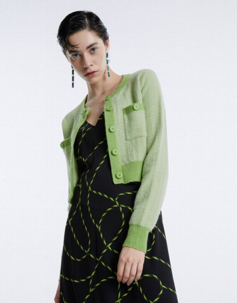 Green Urban Revivo Contrast Trim Cropped Women's Cardigan | WLATZX-795