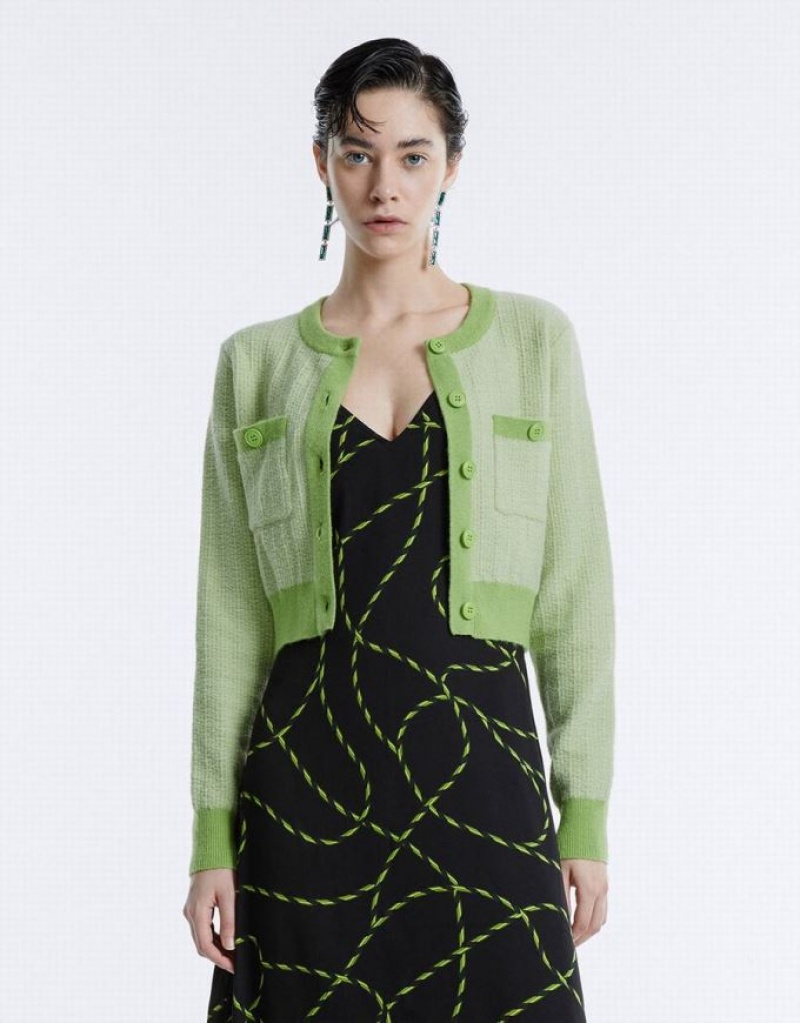 Green Urban Revivo Contrast Trim Cropped Women's Cardigan | WLATZX-795