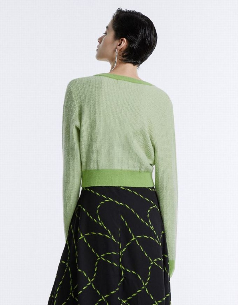 Green Urban Revivo Contrast Trim Cropped Women's Cardigan | WLATZX-795